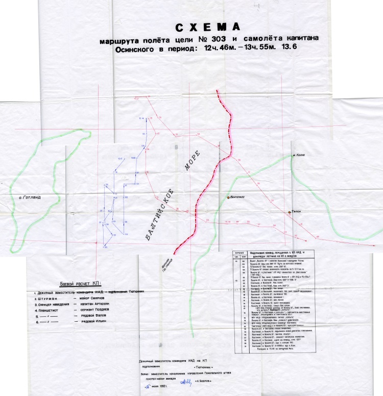 Sovjetisk karta med inritade spår för DC-3:an och det sovjetiska jaktplanet.