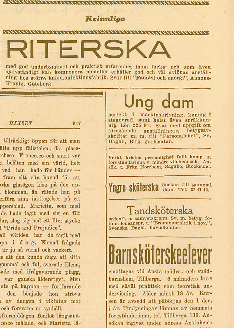Faksimil av tidningsannons Ung dam till FRA. Klicka på bilden för att förstora den.
