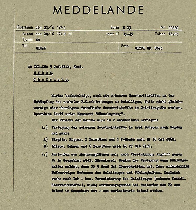 Faksimil av meddelandet om operation Rösselsprung. Klicka på bilden för att förstora den.